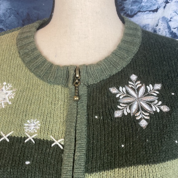 Christmas Embroidered Snowman silk blend snowflake Full Zip Up Sweater - Picture 4 of 8